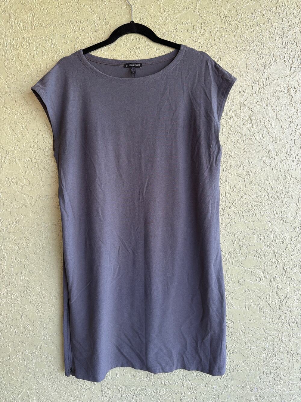 Eileen Fisher Shift Dress Womens Small Grey Viscose Crepe Side Zip Mini Stretch